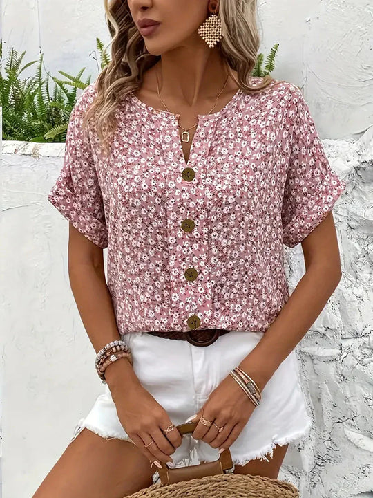 Women's Floral Print Short Sleeve Blouse with Button Detail