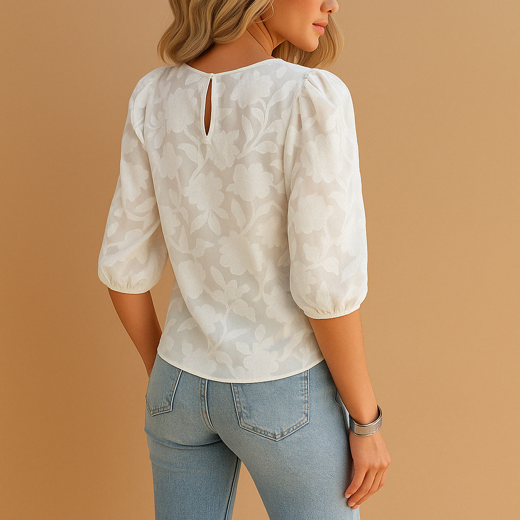 Women's Floral Jacquard Puff Sleeve Blouse