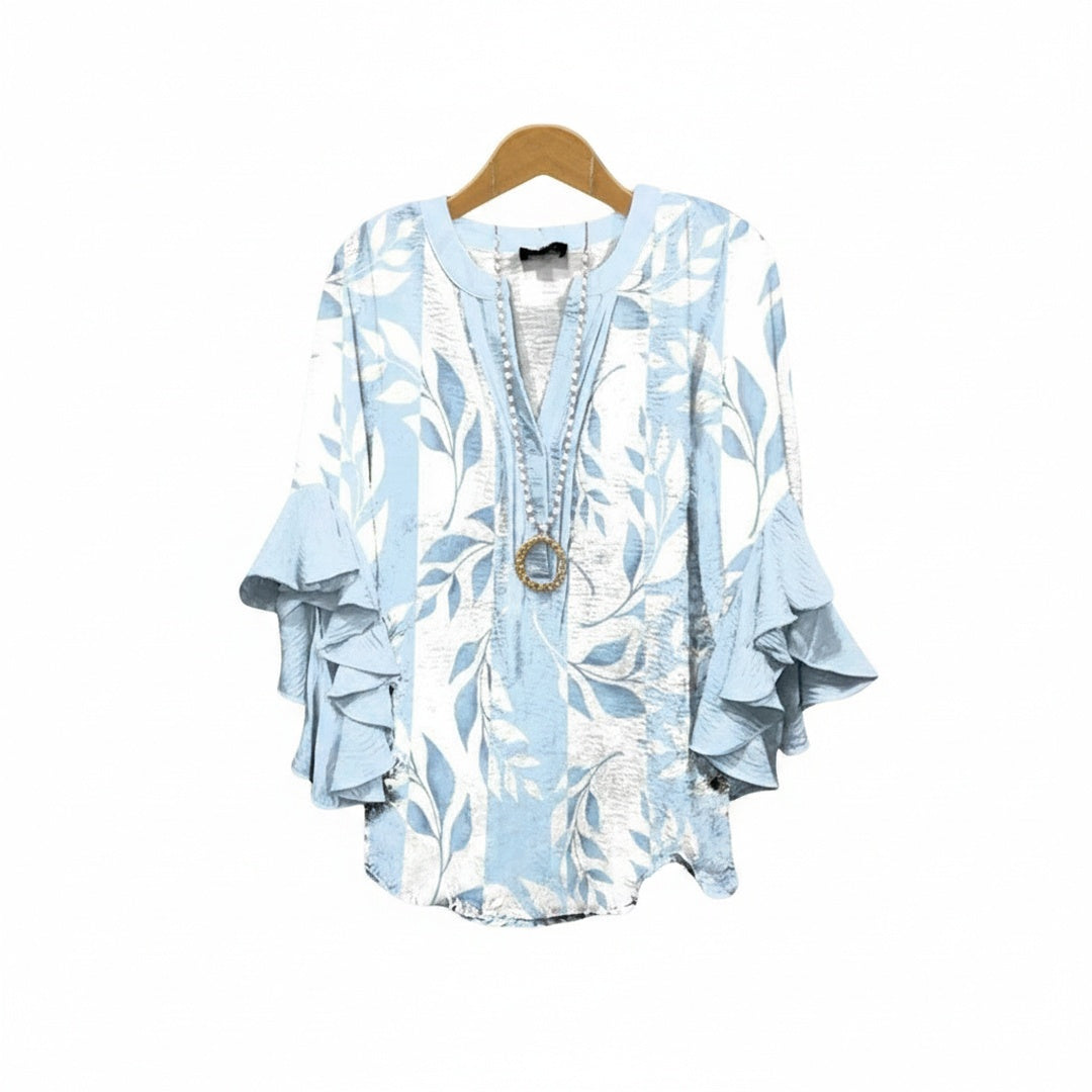 Women's Floral Print V-Neck Ruffle Sleeve Blouse