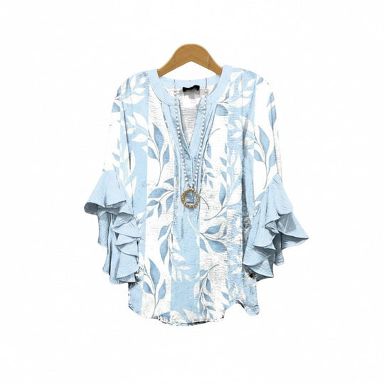 Women's Floral Print V-Neck Ruffle Sleeve Blouse