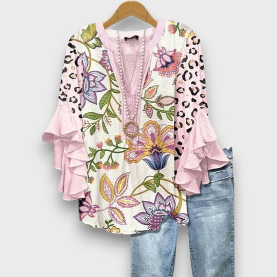 Women's Floral Print V-Neck Ruffle Sleeve Blouse