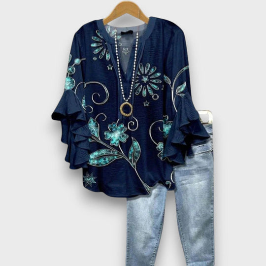 Women's Floral Print V-Neck Ruffle Sleeve Blouse