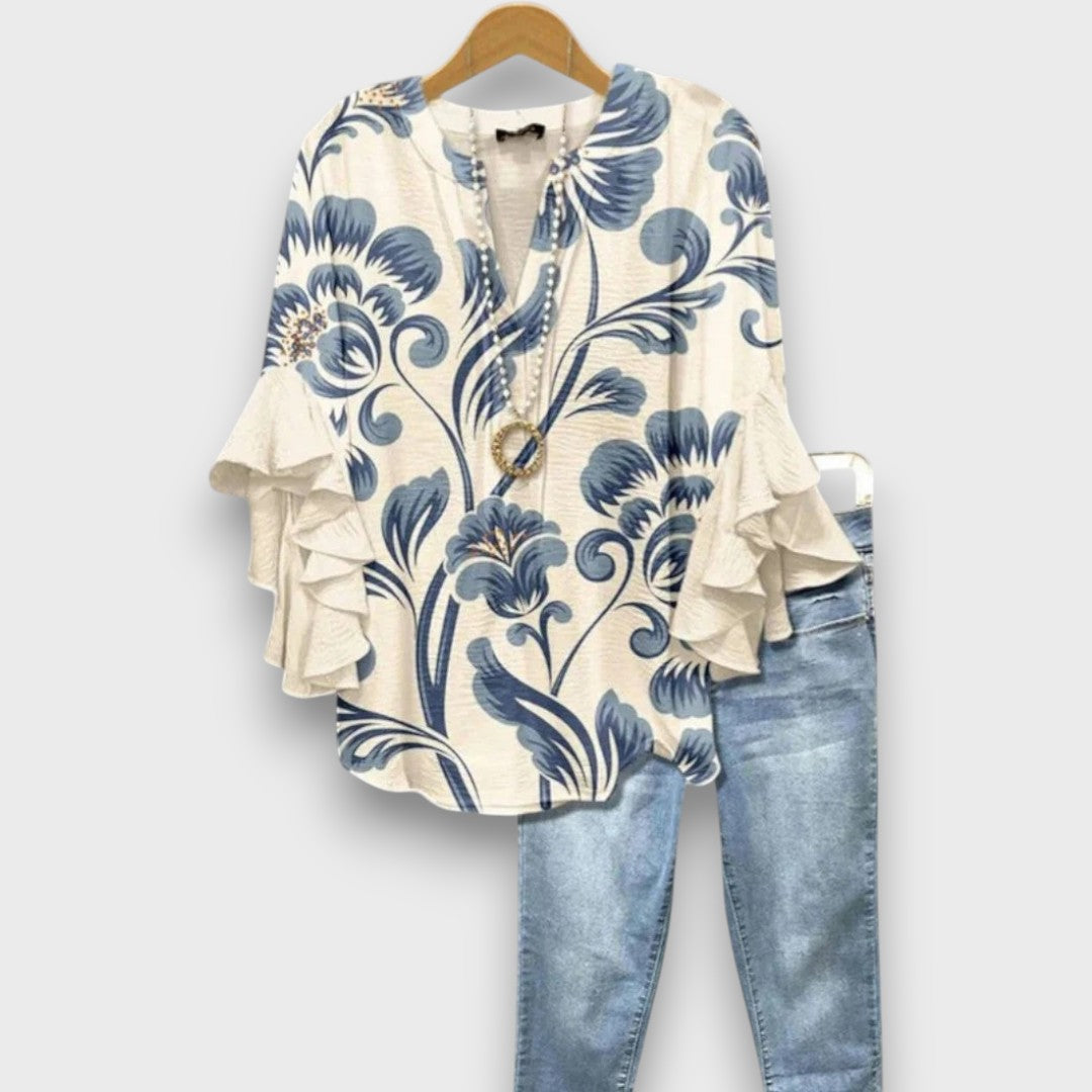 Women's Floral Print V-Neck Ruffle Sleeve Blouse