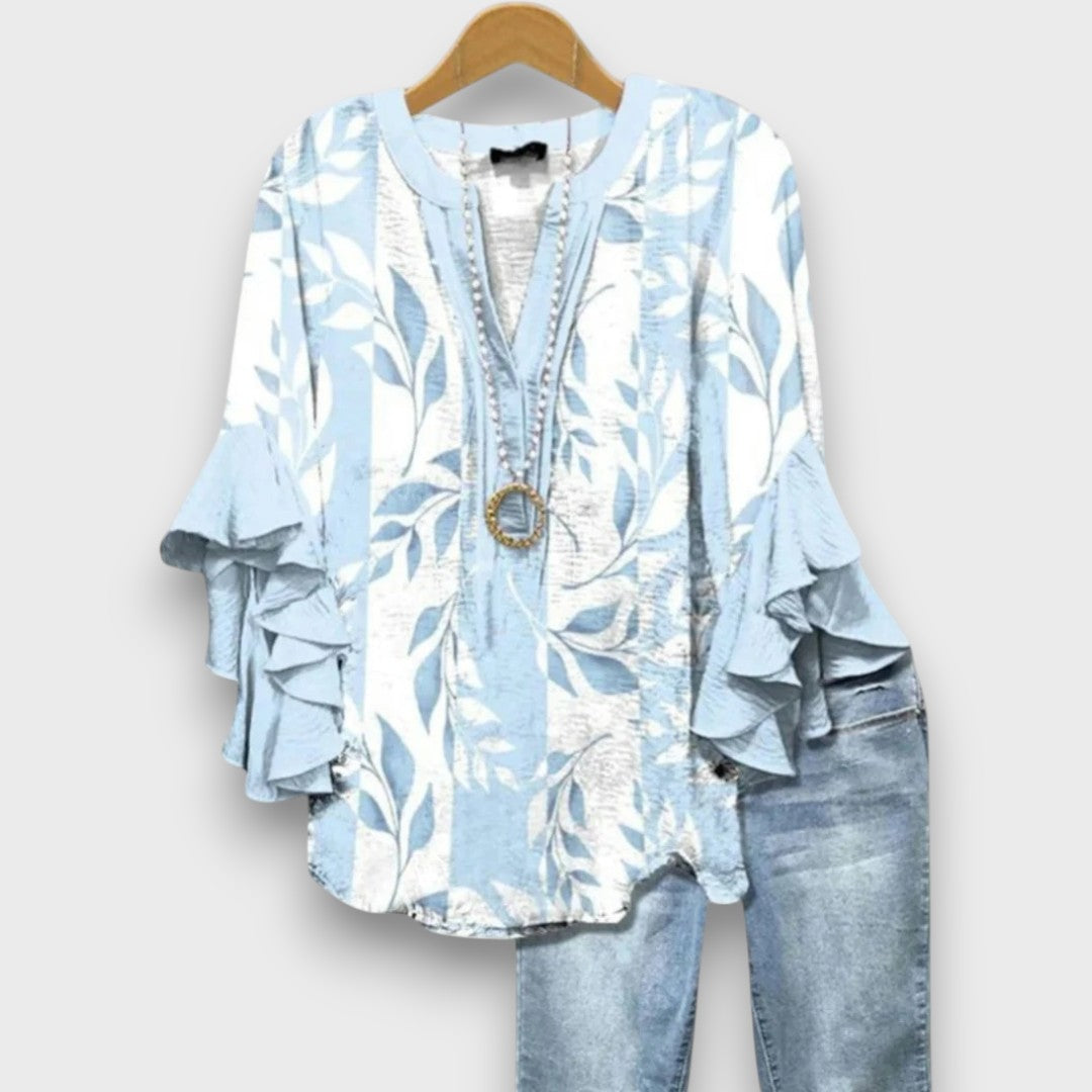 Women's Floral Print V-Neck Ruffle Sleeve Blouse