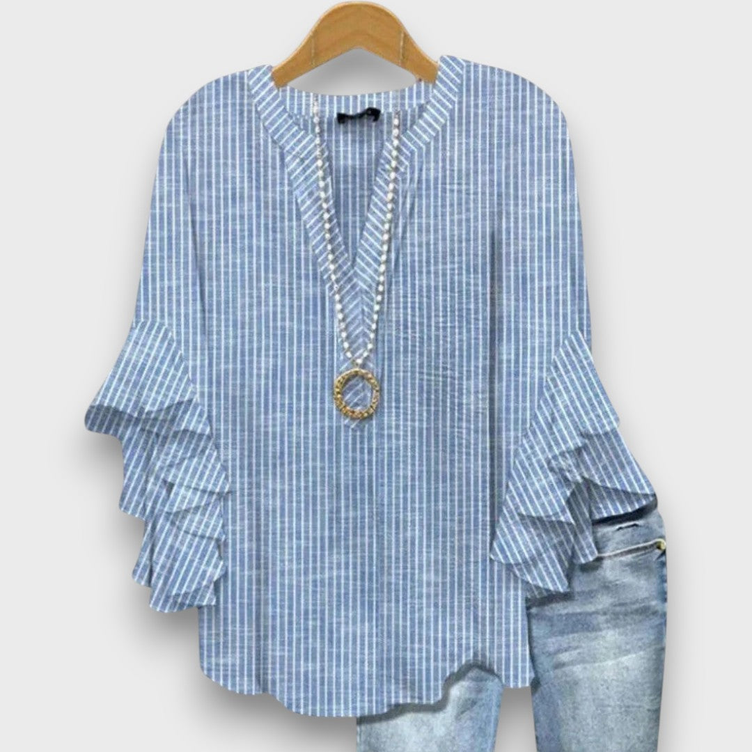Women's Floral Print V-Neck Ruffle Sleeve Blouse