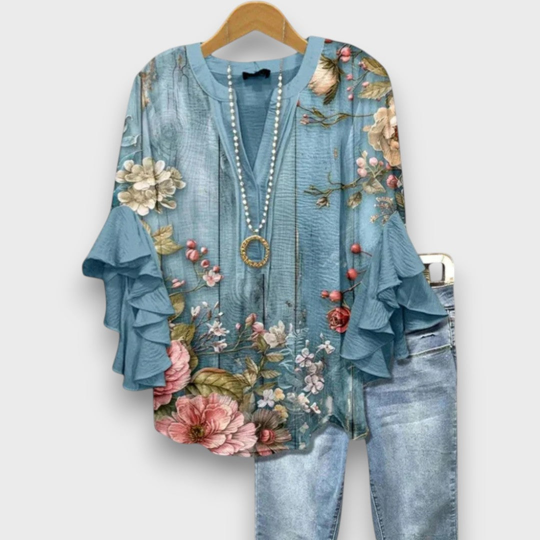 Women's Floral Print V-Neck Ruffle Sleeve Blouse