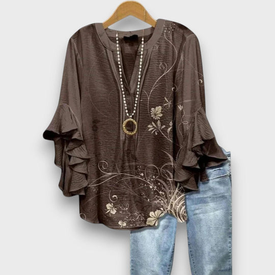 Women's Floral Print V-Neck Ruffle Sleeve Blouse