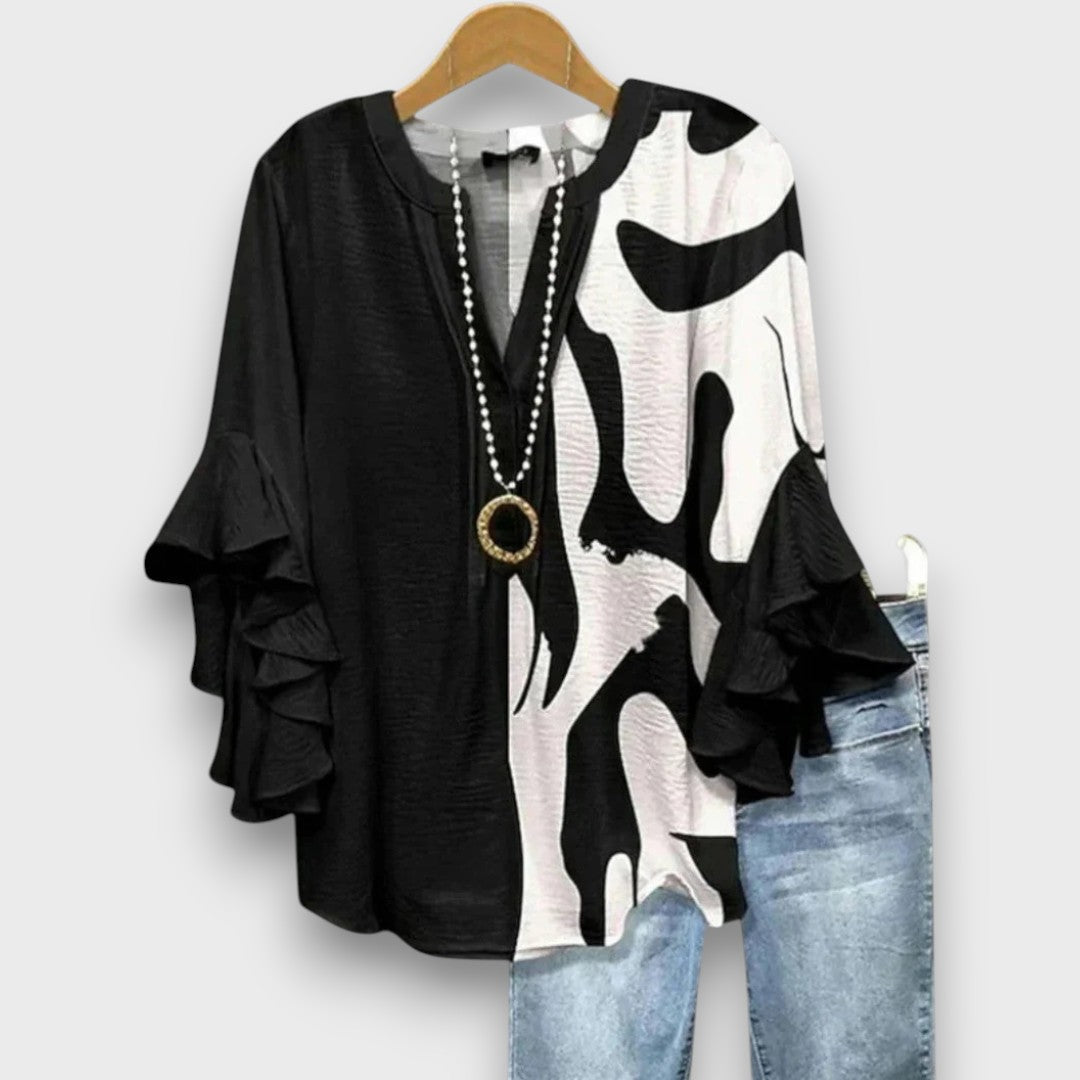 Women's Floral Print V-Neck Ruffle Sleeve Blouse