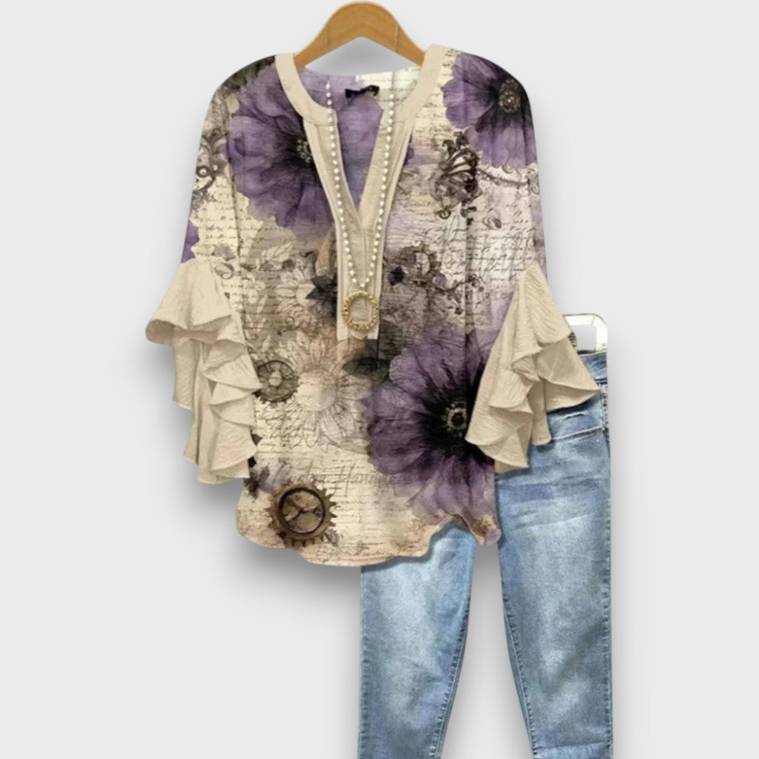Women's Floral Print V-Neck Ruffle Sleeve Blouse