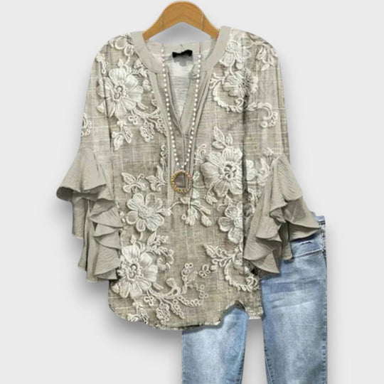 Women's Floral Print V-Neck Ruffle Sleeve Blouse