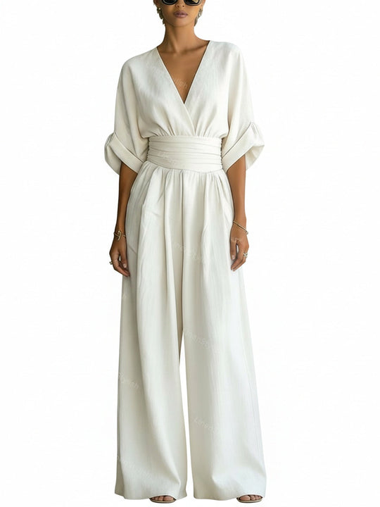 Women's Elegant Deep V-Neck Wide-Leg Jumpsuit with Cinched Waist