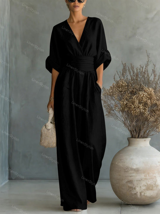 Women's Elegant Deep V-Neck Wide-Leg Jumpsuit with Cinched Waist