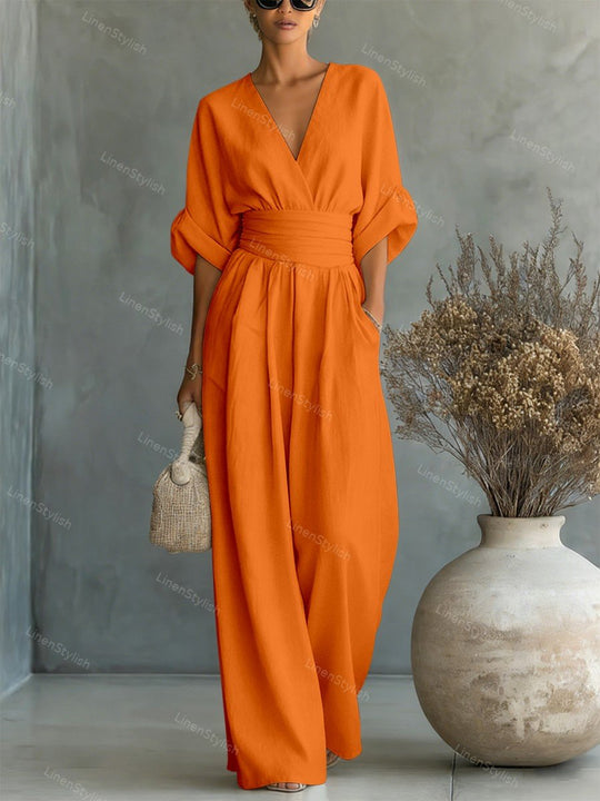 Women's Elegant Deep V-Neck Wide-Leg Jumpsuit with Cinched Waist