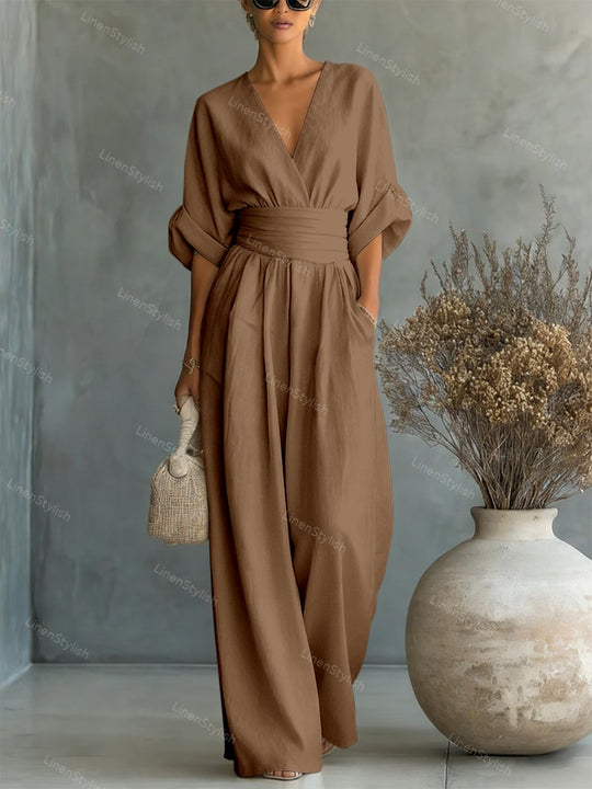 Women's Elegant Deep V-Neck Wide-Leg Jumpsuit with Cinched Waist