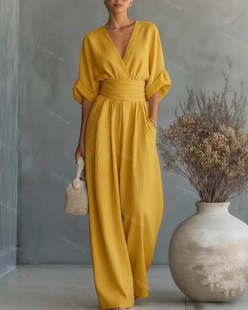Women's Elegant Deep V-Neck Wide-Leg Jumpsuit with Cinched Waist
