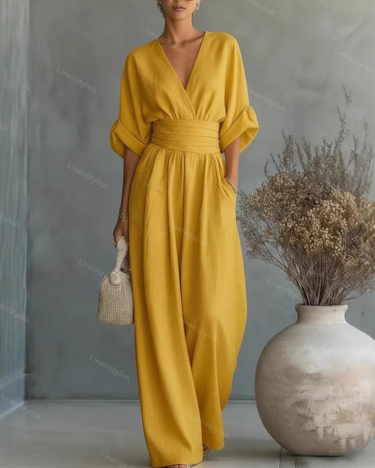 Women's Elegant Deep V-Neck Wide-Leg Jumpsuit with Cinched Waist