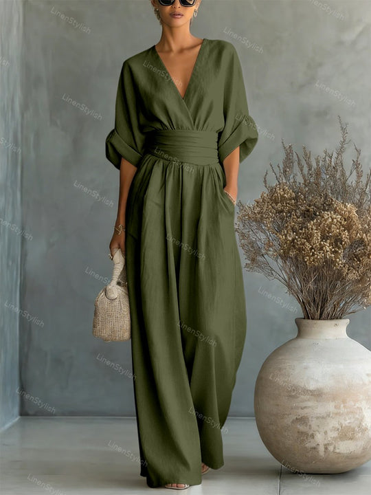Women's Elegant Deep V-Neck Wide-Leg Jumpsuit with Cinched Waist