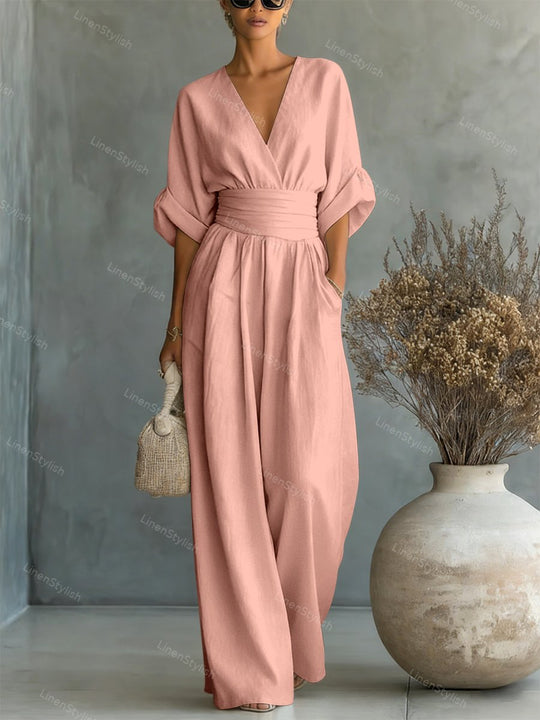Women's Elegant Deep V-Neck Wide-Leg Jumpsuit with Cinched Waist