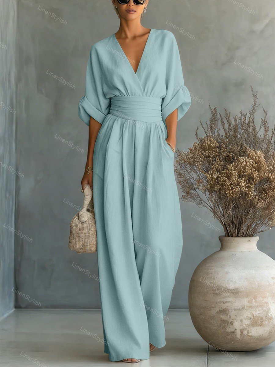 Women's Elegant Deep V-Neck Wide-Leg Jumpsuit with Cinched Waist