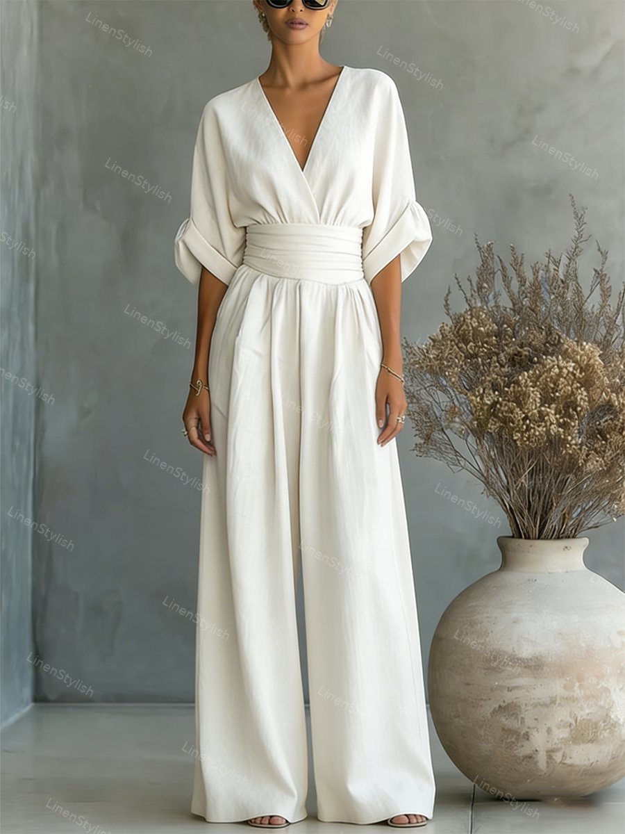 Women's Elegant Deep V-Neck Wide-Leg Jumpsuit with Cinched Waist