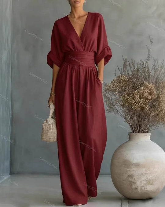 Women's Elegant Deep V-Neck Wide-Leg Jumpsuit with Cinched Waist