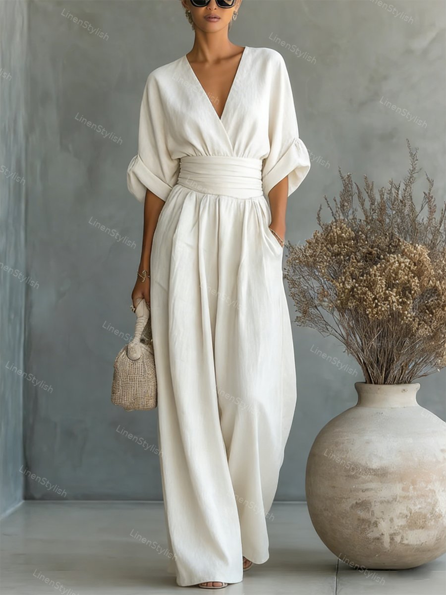 Women's Elegant Deep V-Neck Wide-Leg Jumpsuit with Cinched Waist
