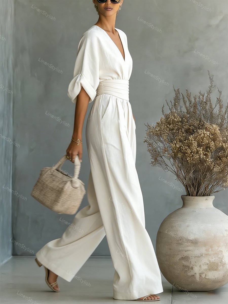 Women's Elegant Deep V-Neck Wide-Leg Jumpsuit with Cinched Waist