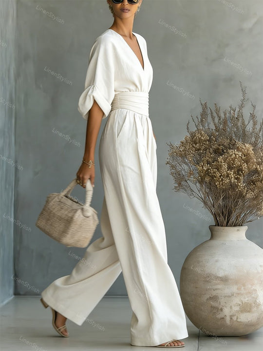 Women's Elegant Deep V-Neck Wide-Leg Jumpsuit with Cinched Waist