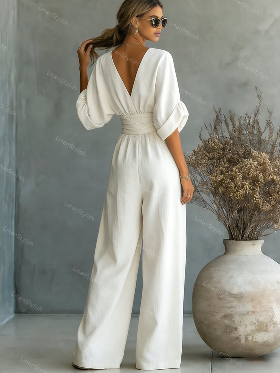Women's Elegant Deep V-Neck Wide-Leg Jumpsuit with Cinched Waist