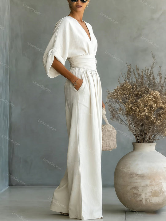 Women's Elegant Deep V-Neck Wide-Leg Jumpsuit with Cinched Waist