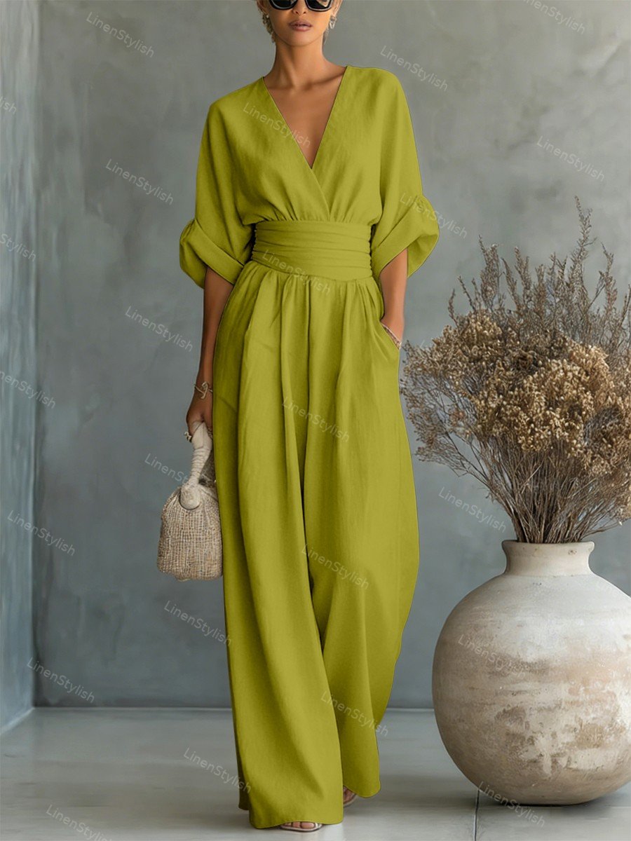 Women's Elegant Deep V-Neck Wide-Leg Jumpsuit with Cinched Waist