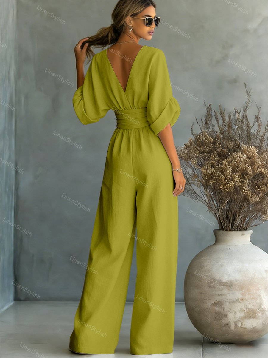 Women's Elegant Deep V-Neck Wide-Leg Jumpsuit with Cinched Waist