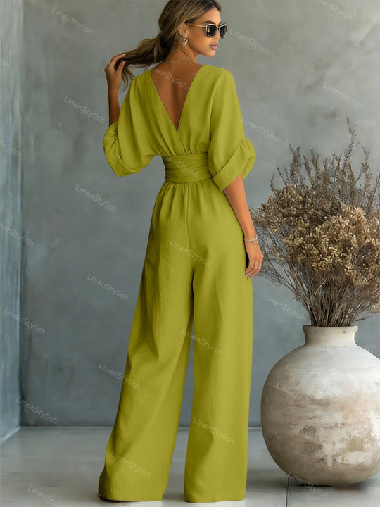 Women's Elegant Deep V-Neck Wide-Leg Jumpsuit with Cinched Waist