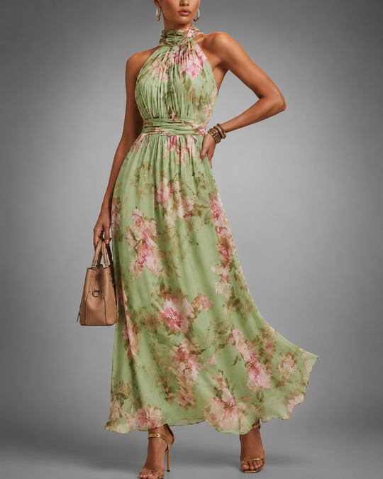 Women's Floral Halter Neck Maxi Dress with Tie Waist