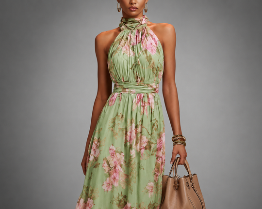 Women's Floral Halter Neck Maxi Dress with Tie Waist