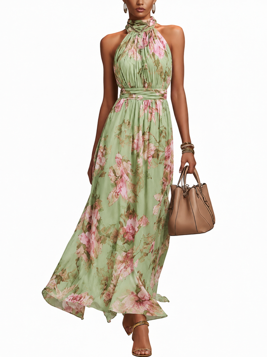 Women's Floral Halter Neck Maxi Dress with Tie Waist