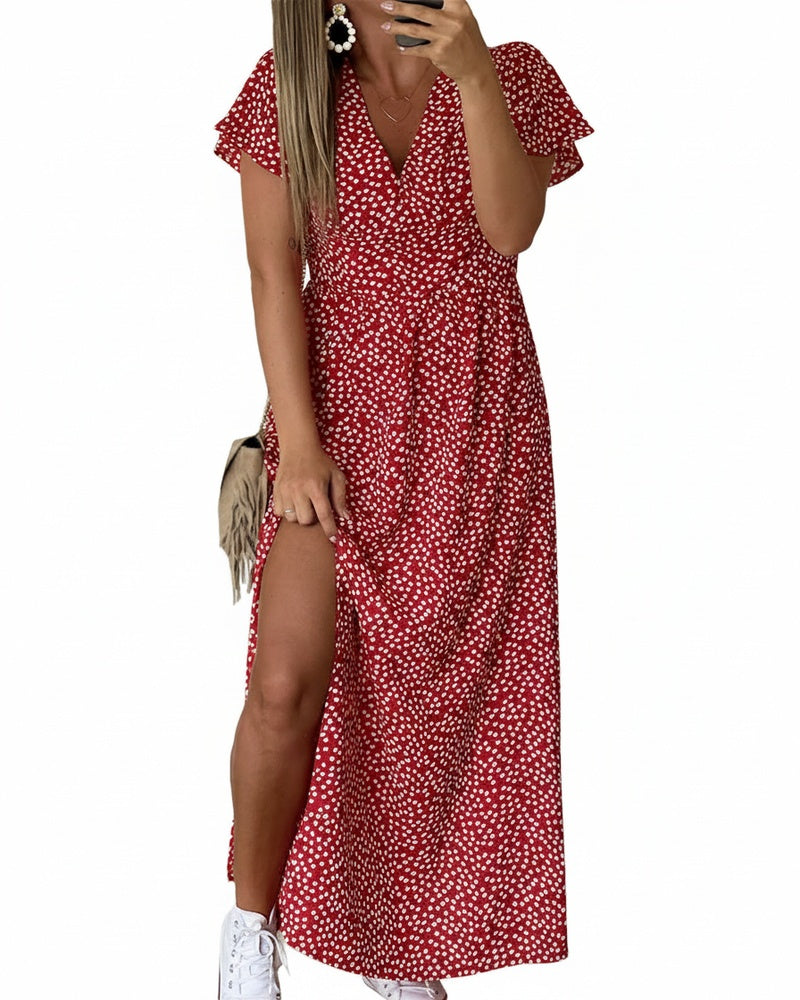 Women's Floral Print Flutter Sleeve High Slit Maxi Dress