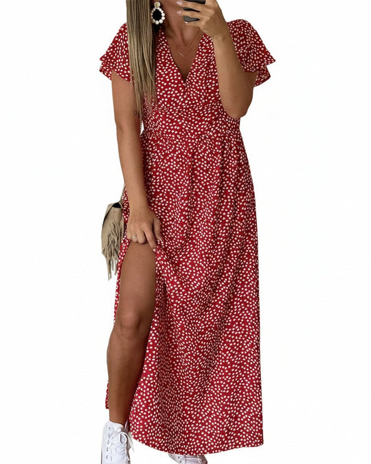 Women's Floral Print Flutter Sleeve High Slit Maxi Dress