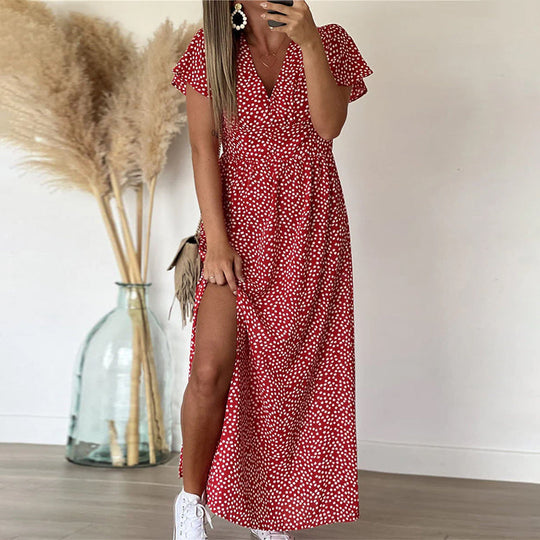 Women's Floral Print Flutter Sleeve High Slit Maxi Dress