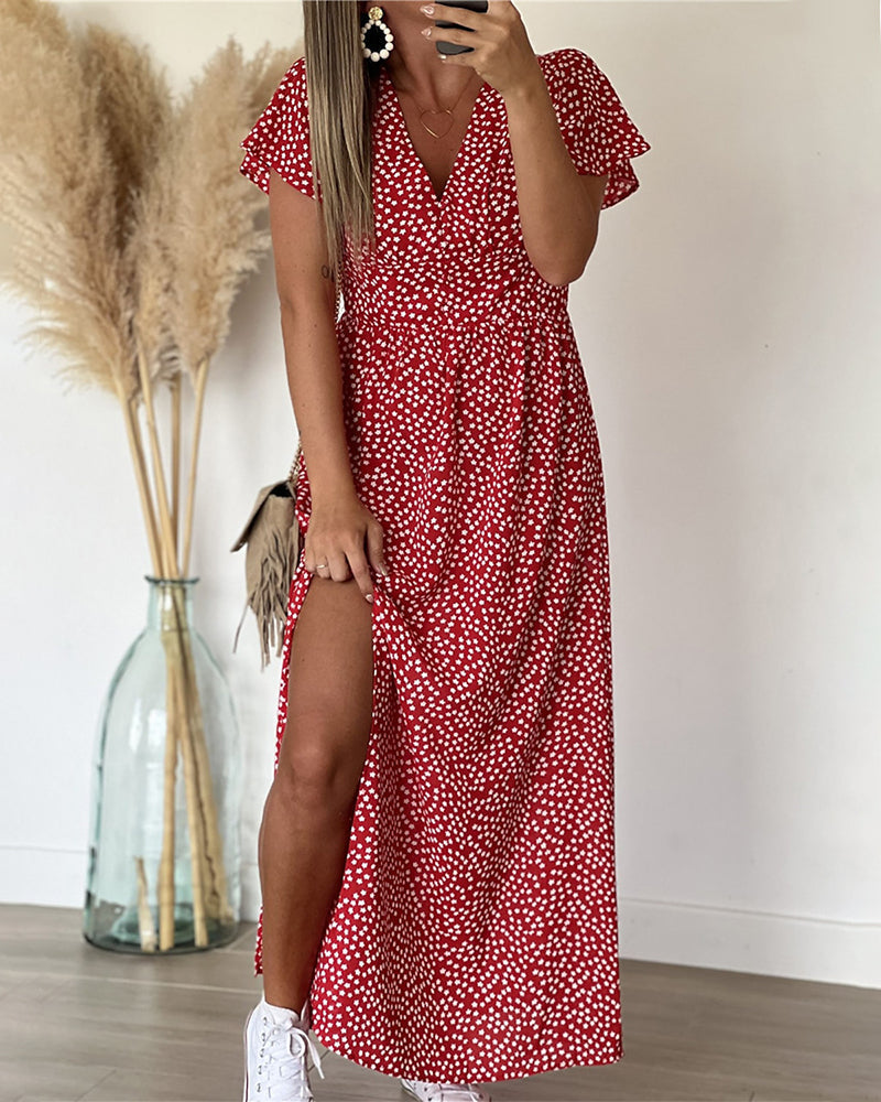 Women's Floral Print Flutter Sleeve High Slit Maxi Dress