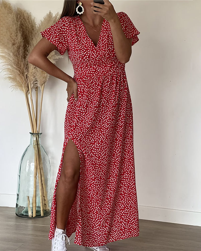 Women's Floral Print Flutter Sleeve High Slit Maxi Dress