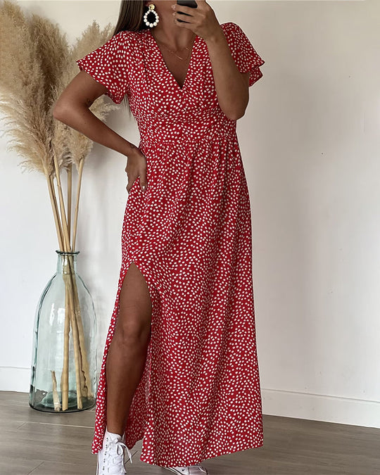 Women's Floral Print Flutter Sleeve High Slit Maxi Dress