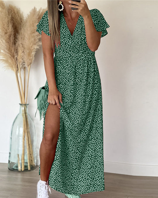 Women's Floral Print Flutter Sleeve High Slit Maxi Dress