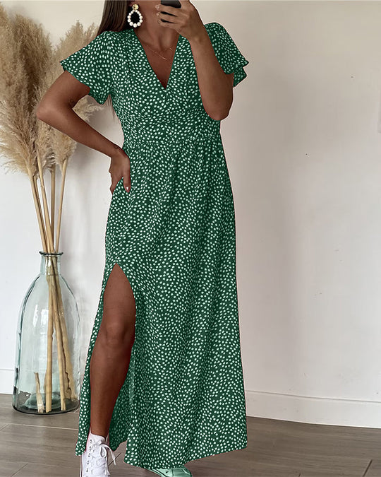 Women's Floral Print Flutter Sleeve High Slit Maxi Dress
