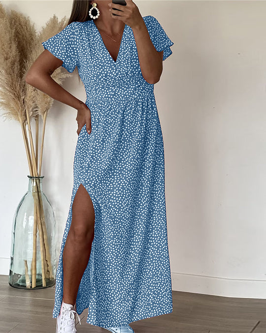 Women's Floral Print Flutter Sleeve High Slit Maxi Dress
