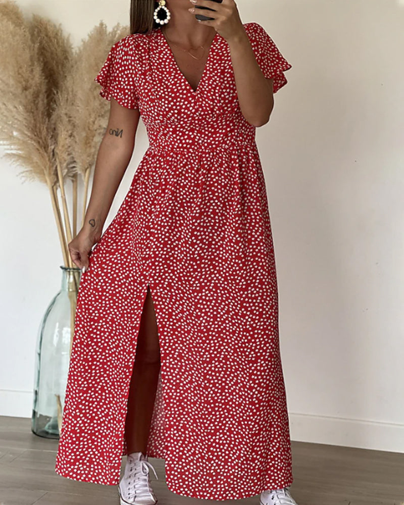 Women's Floral Print Flutter Sleeve High Slit Maxi Dress