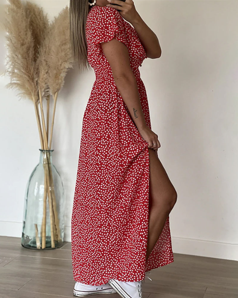 Women's Floral Print Flutter Sleeve High Slit Maxi Dress