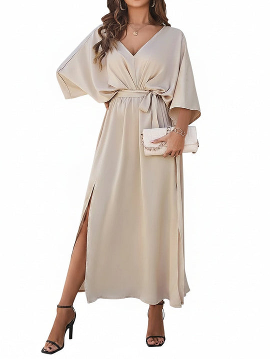 Women's Elegant V-Neck Batwing Sleeve Maxi Dress with Tie Waist