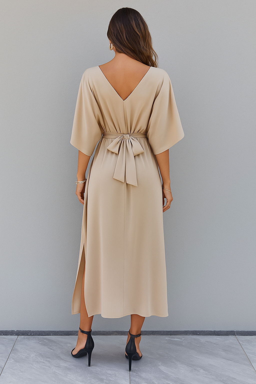 Women's Elegant V-Neck Batwing Sleeve Maxi Dress with Tie Waist