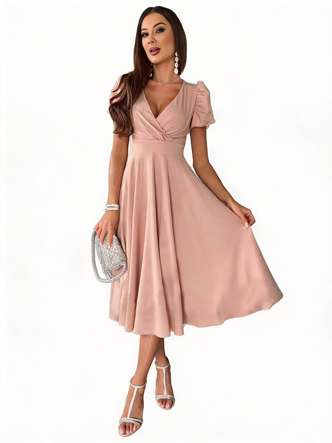 Women's Elegant Puff Sleeve Wrap V-Neck Midi Dress
